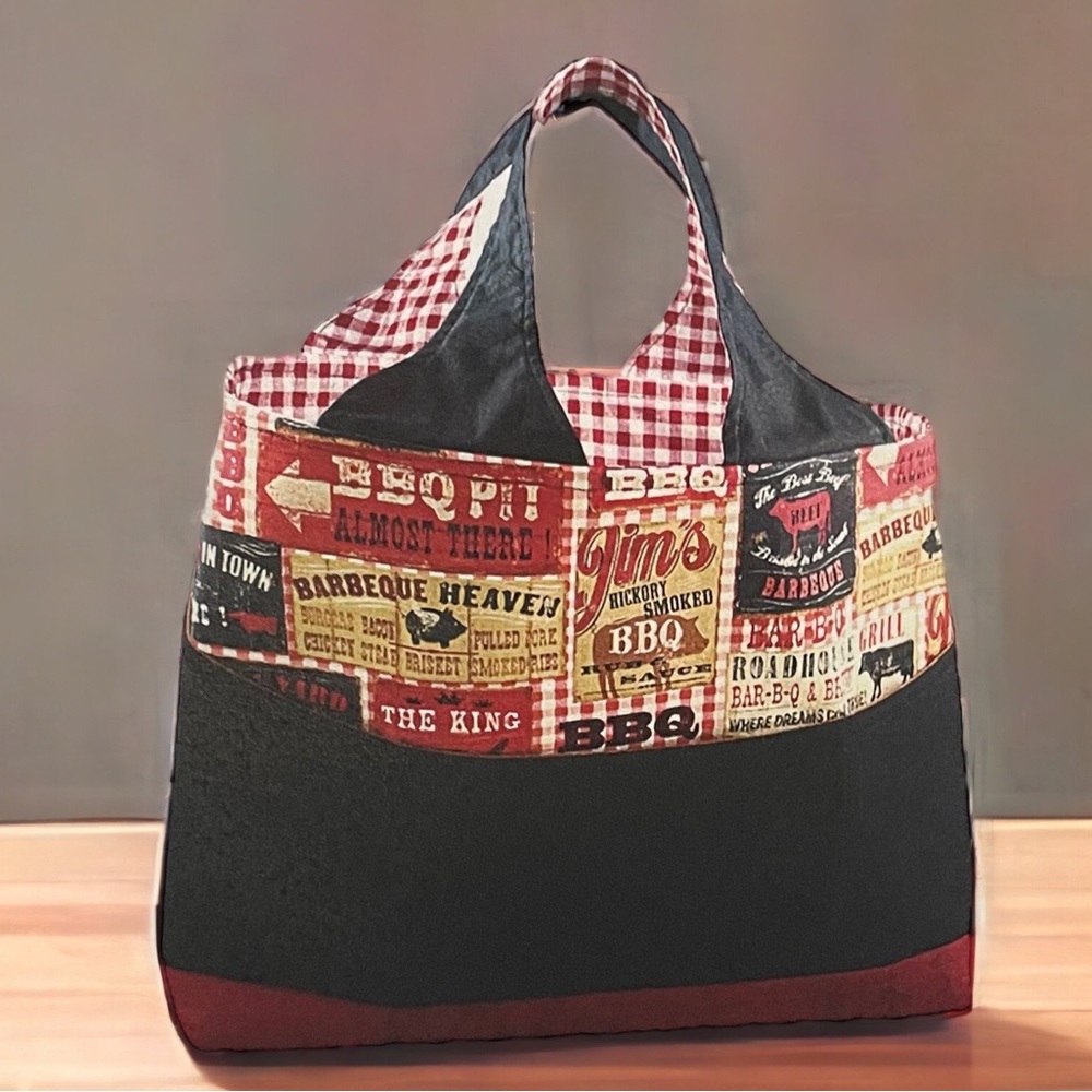 NEW BBQ Print Tote, Handmade, One Of Kind, Faux Leather Bottom, Quilted